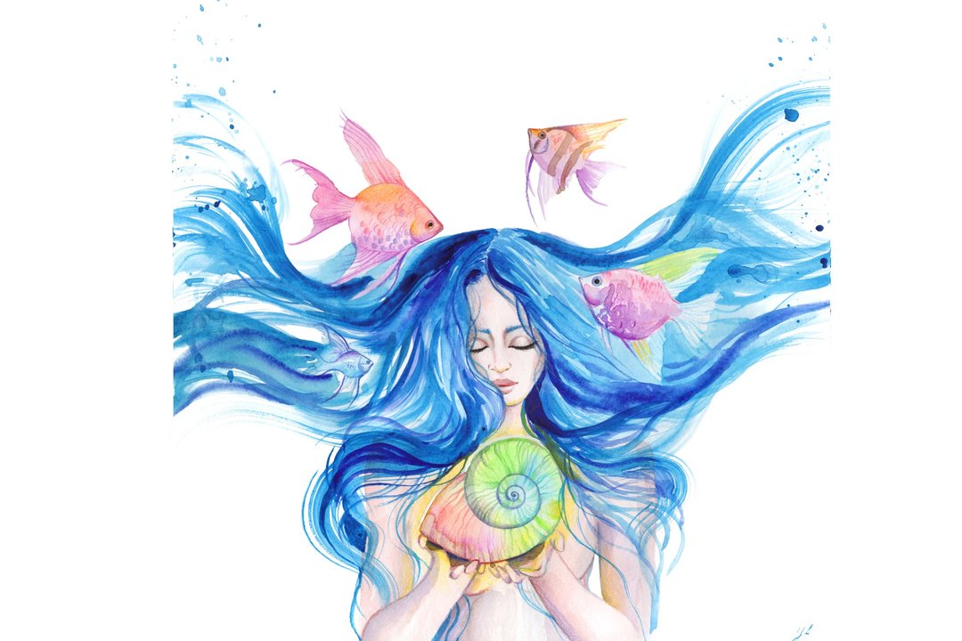 水女神画女与双鱼原画女海水彩 - 墙贴/壁贴 - 纸 蓝色