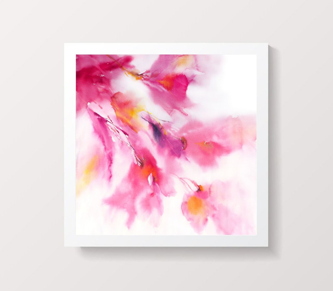 Expressionist wall art Pink floral painting Abstract flowers Living room decor - 海报/装饰画/版画 - 纸 紫色