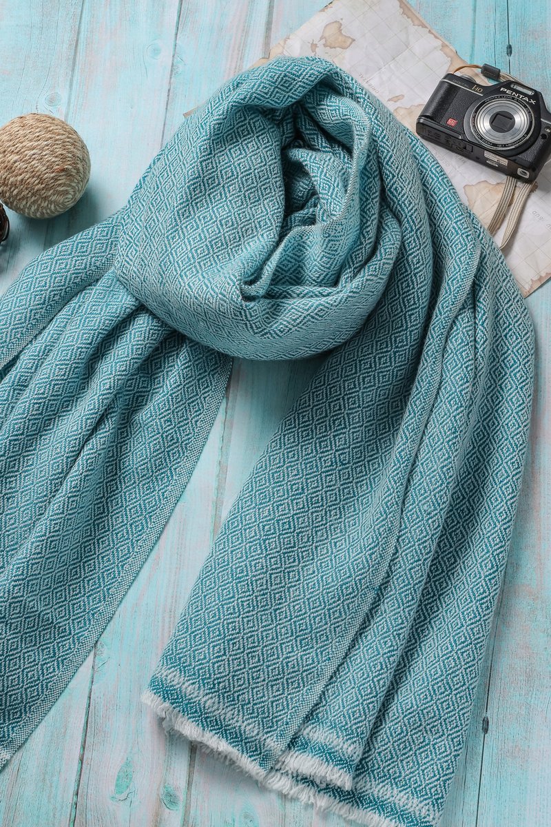 【厚款】喀什米尔羊毛围巾/披肩  钻石纹 绿精灵 手工机织 - 围巾/披肩 - 羊毛 绿色