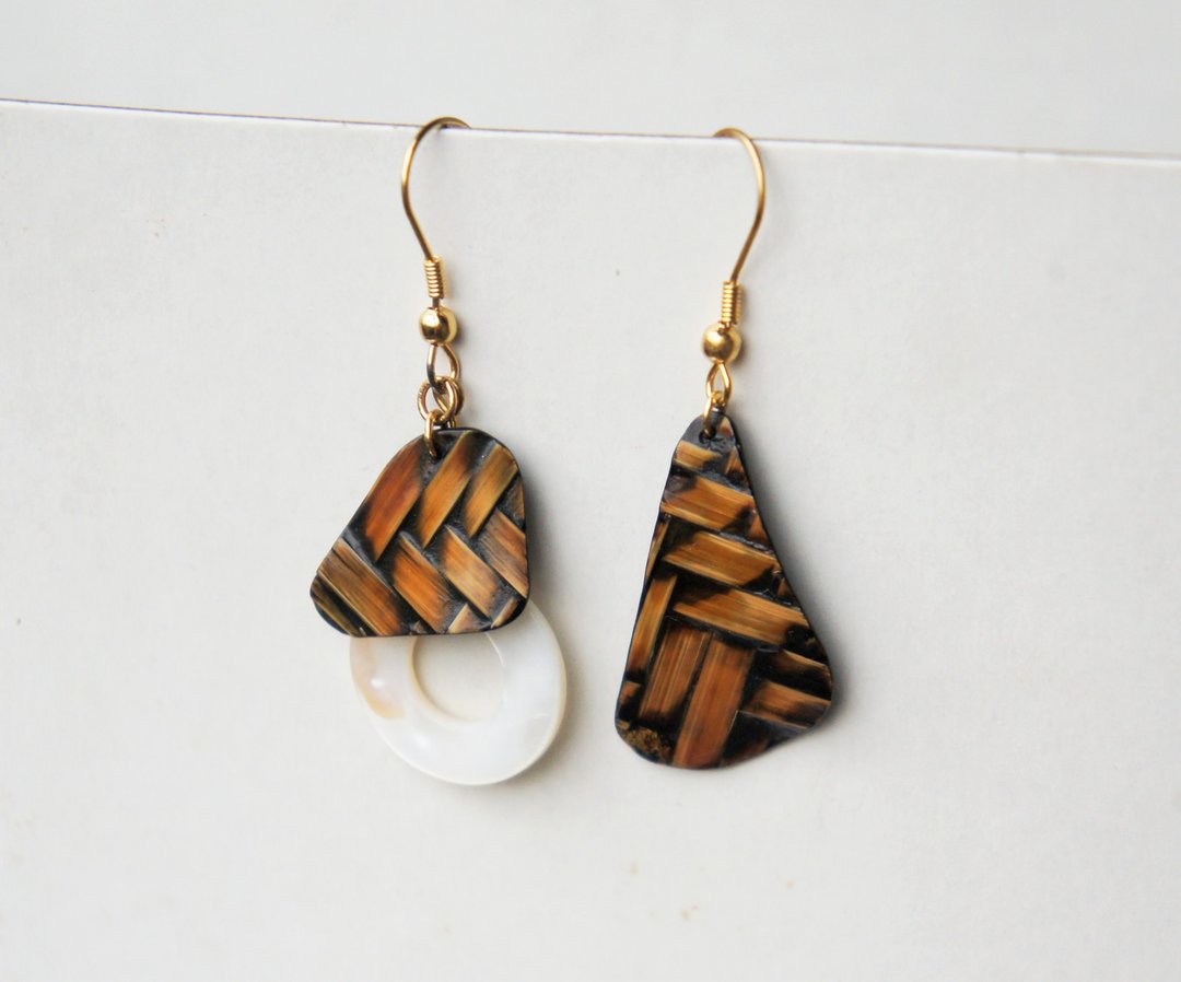 双生-篮胎漆器耳饰品 - 耳环/耳夹 - 竹 橘色
