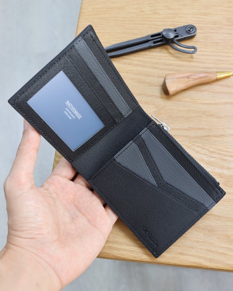 订制 法国山羊皮短银包 9 卡 1 相 1 暗格 1 纸币 1 拉链散银 短夹 钱包 - 皮夹/钱包 - 真皮 黑色