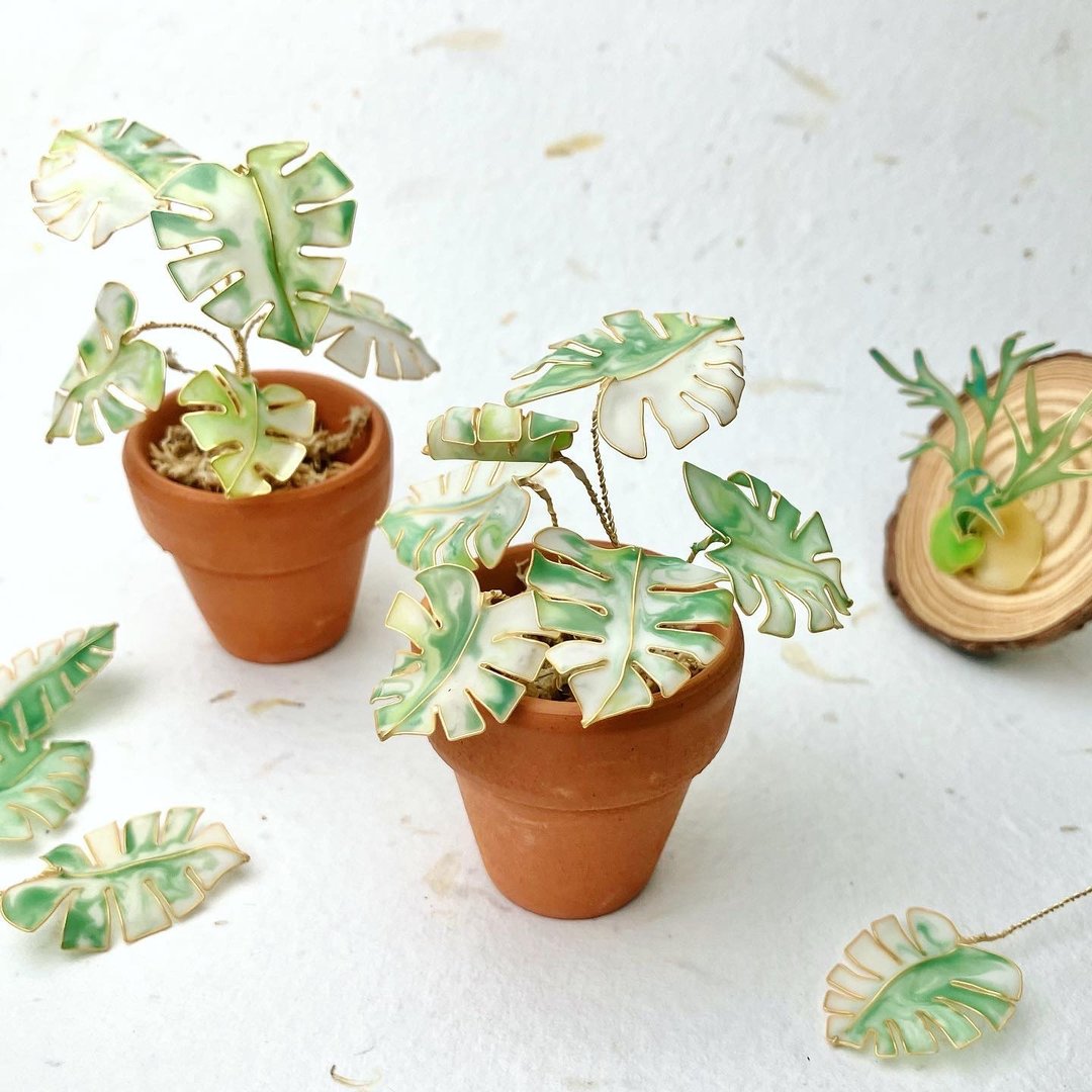 现场 DIY/ UV造花液 制作 斑叶龟背芋 迷你盆栽 - 金工/饰品 - 树脂 