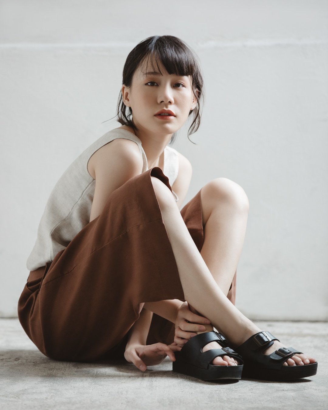 高腰七分休闲宽裤赠腰带-棕色 - 女装长裤 - 棉 咖啡色