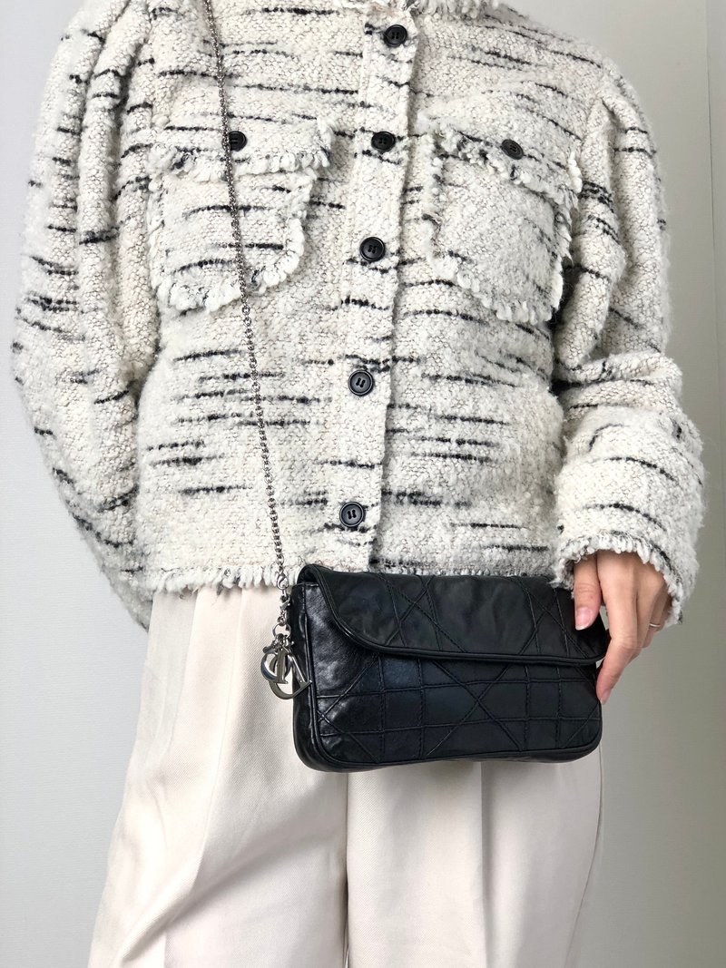 【日本直送 名牌中古包】Christian Dior Cannage 藤格纹 肩背包 黑色 品牌吊饰 皮革 链条 vintage cpsaii - 侧背包/斜挎包 - 真皮 黑色