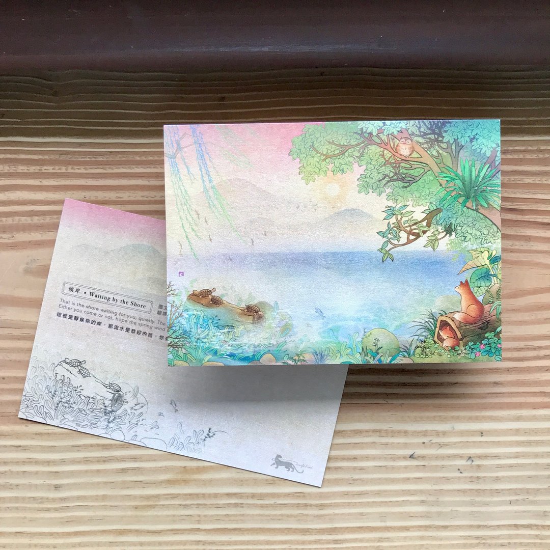 【候岸/卡片明信片】精致插画/加大款/狐狸/湖畔 - 卡片/明信片 - 纸 粉红色