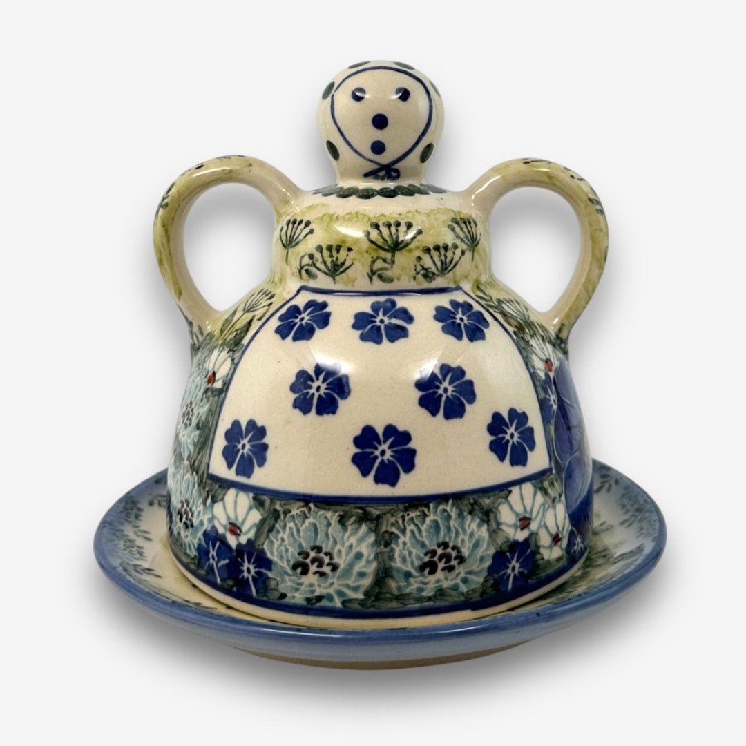 波兰手绘手工陶-起司娃娃 奶油盅/点心盘 14cm 蓝野芳踪系列 - 盘子/餐盘/盘架 - 陶 蓝色