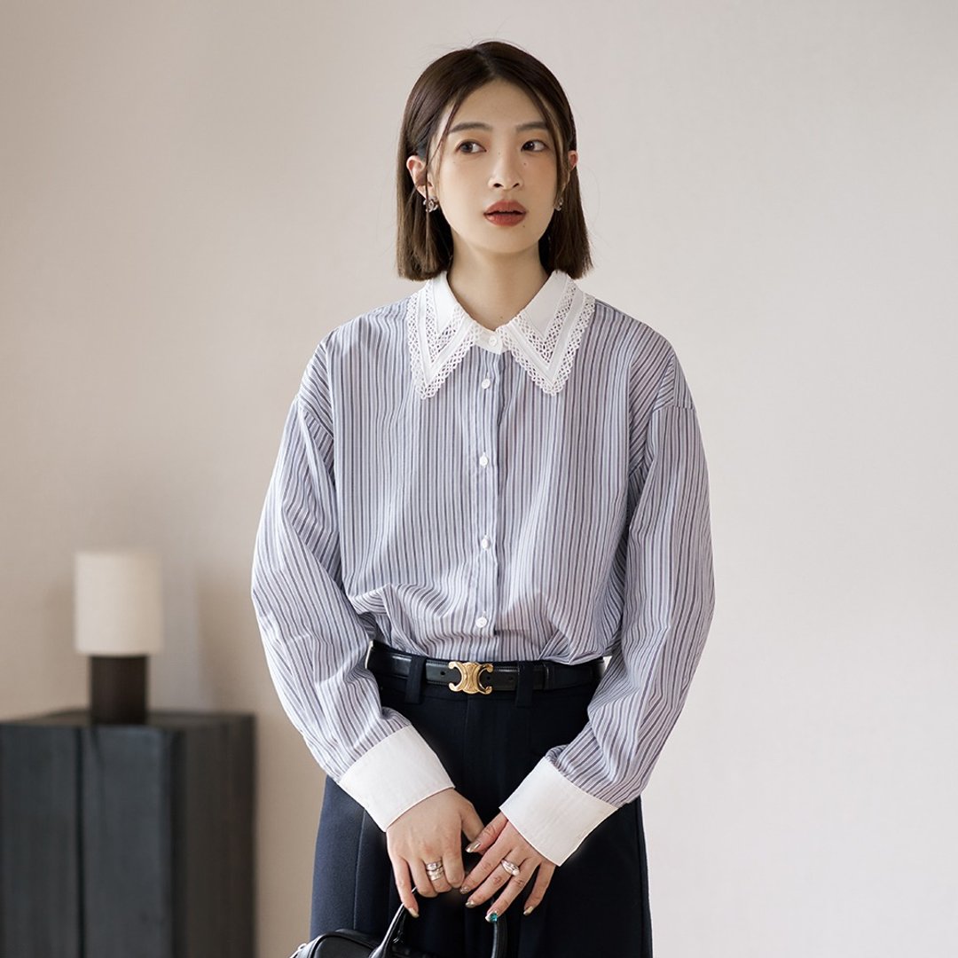 条纹蓝绣花领衬衫|衬衫|秋款|Sora-1318 - 女装衬衫 - 棉 蓝色
