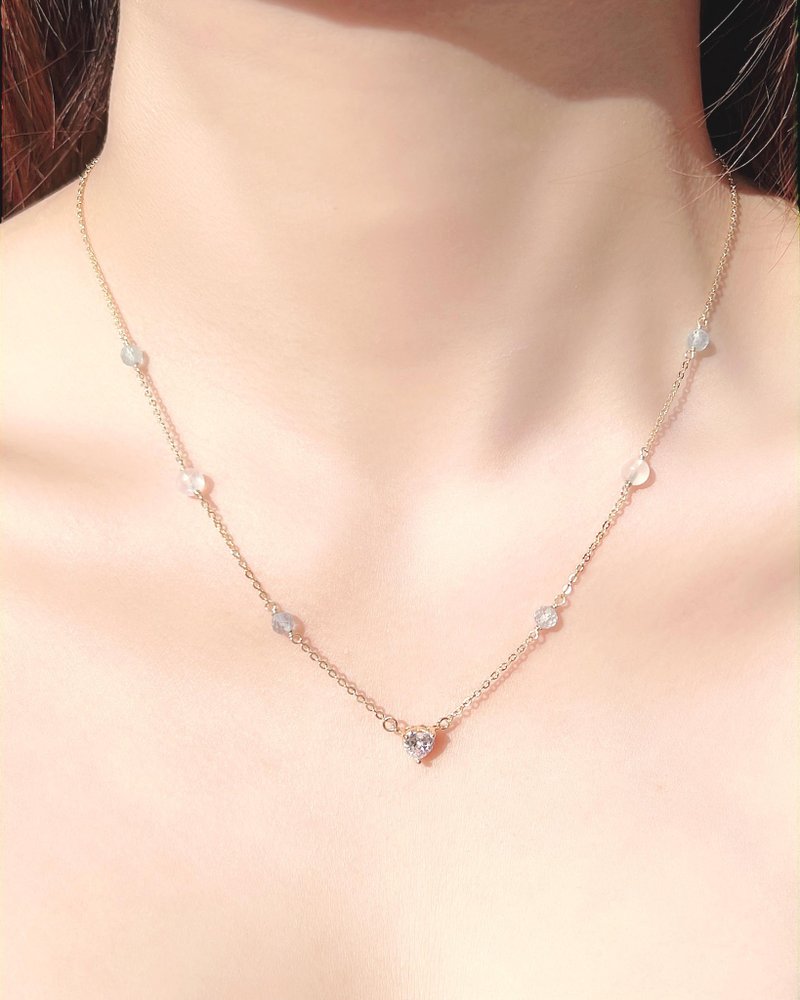 海蓝宝月光石14K包金爱心项链 | 锁骨链、颈链、水晶项链 - 项链 - 水晶 多色