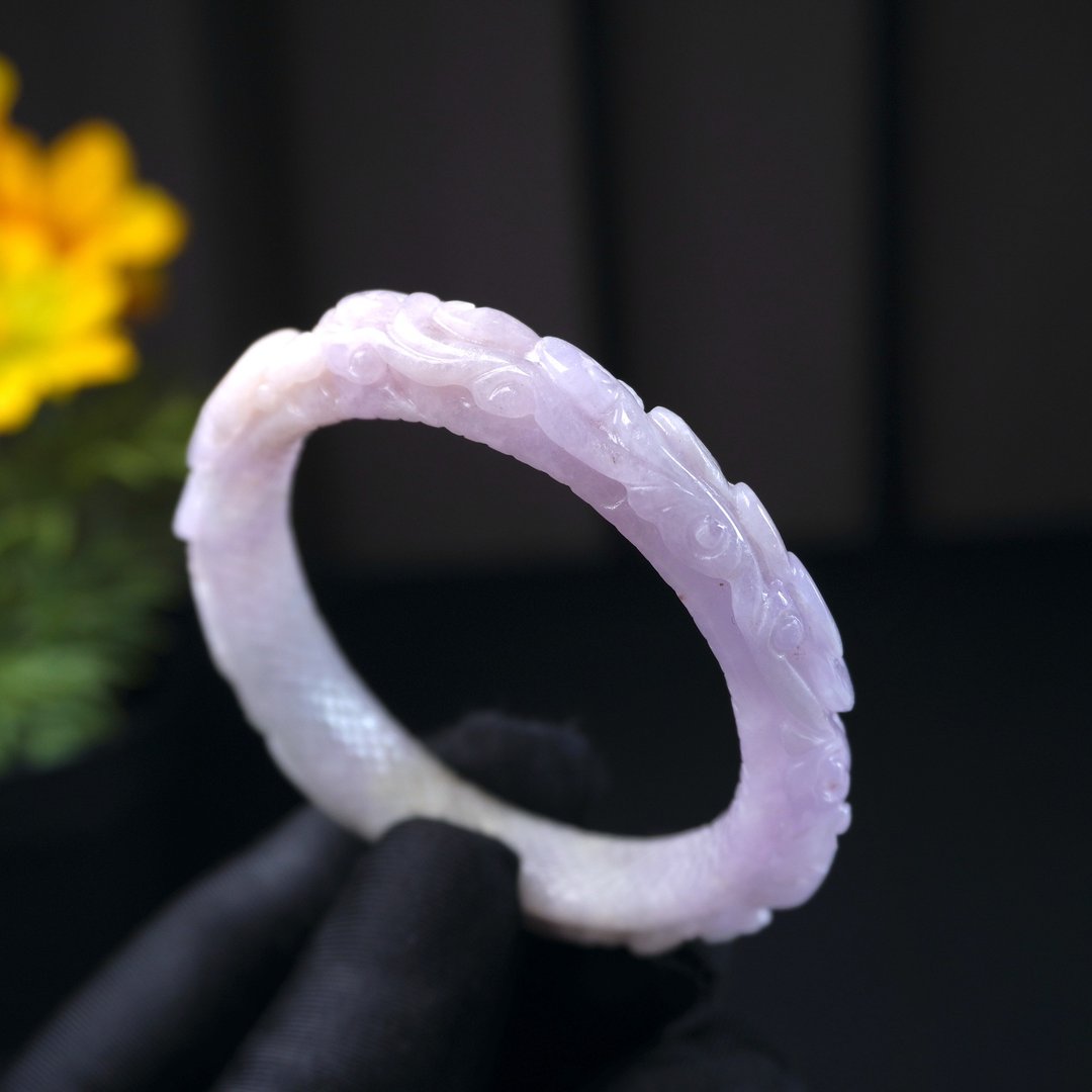 紫罗兰翡翠雕花镯手镯 | 16.5围 | 天然缅甸玉翡翠A货 | 送礼 - 手链/手环 - 玉石 粉红色