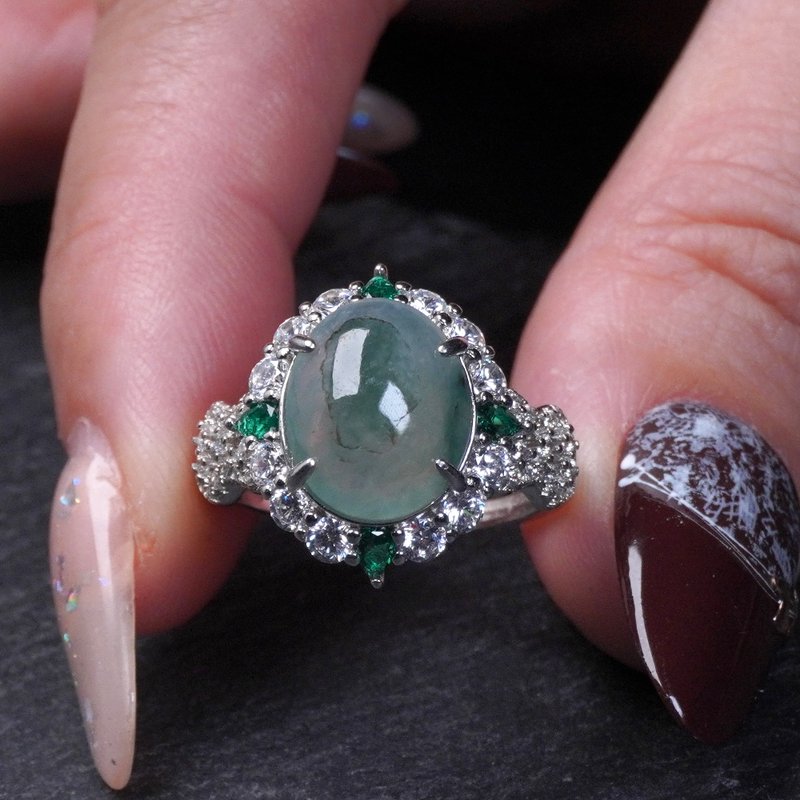 冰种飘花翡翠蛋面戒指 925纯银 | 天然缅甸玉翡翠A货 | 送礼 - 戒指 - 玉石 透明