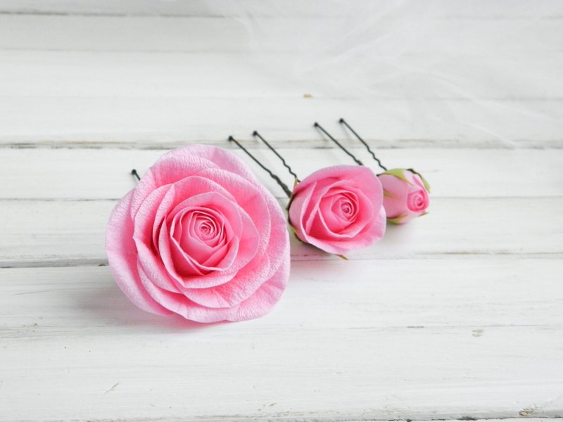 Pink roses hair pins Flowers wedding hair piece Bridal floral headpiece - 发饰 - 其他材质 粉红色