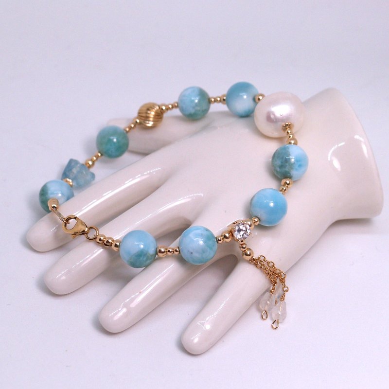 海的呼唤--手作14KGF 天然石 宝石 珍珠 拉利玛手链 - 手链/手环 - 宝石 蓝色