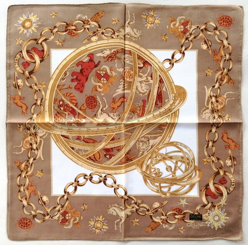 Celine Paris 古董丝巾 - 星座与天体图案 21 x 21 英寸 - 丝巾 - 棉．麻 金色