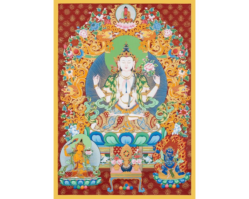 神圣的观音唐卡 充满活力的西藏佛画 伦理慈悲 翡翠 手鐲 緬甸玉 - 墙贴/壁贴 - 其他金属 多色
