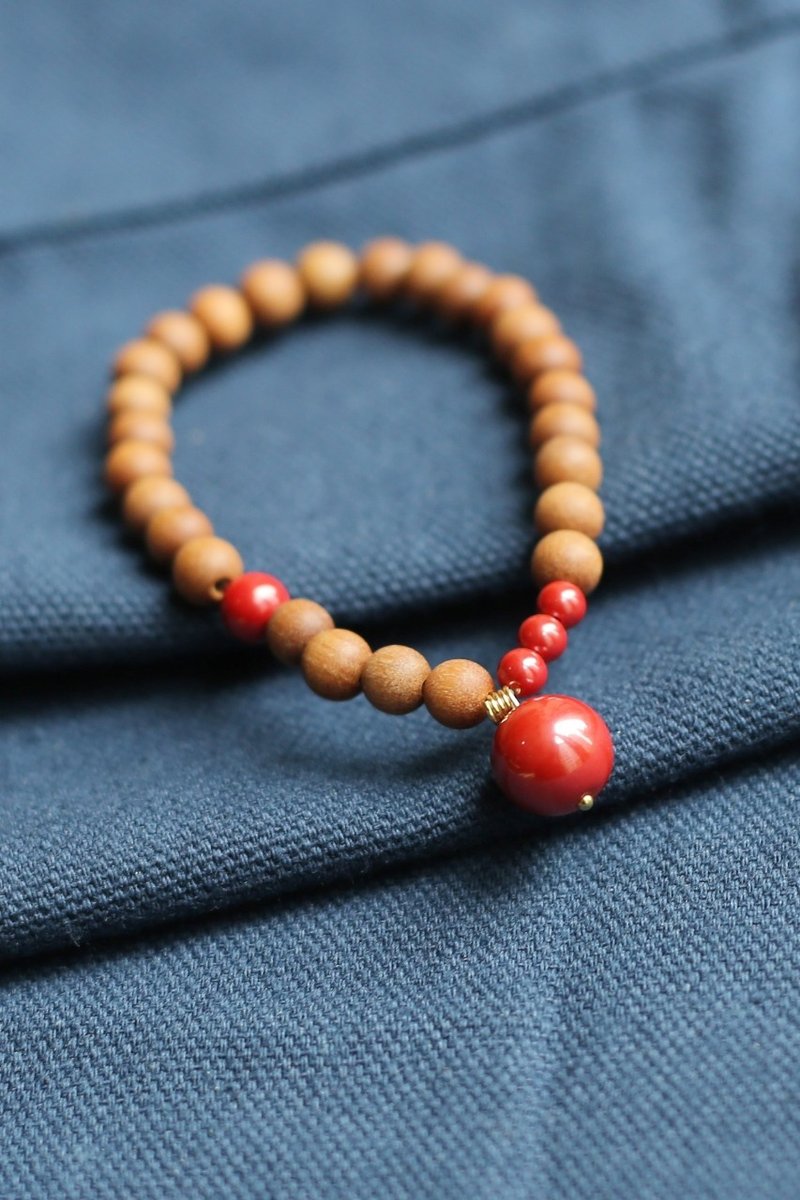 春秋手作 | 高含量朱砂 | 10mm帝王砂珠坠子 檀木手链 | 开运 - 手链/手环 - 木头 红色