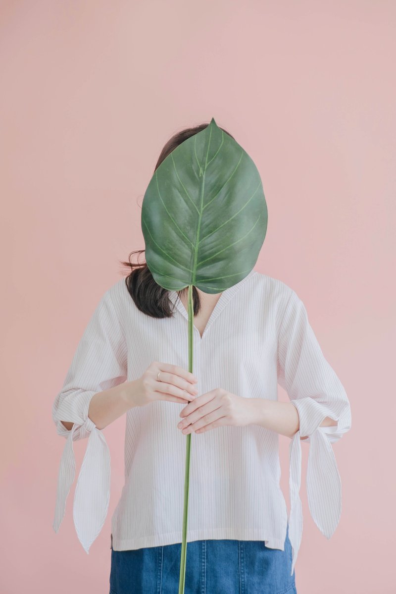 Stripes Japanese Cotton Long Sleeved Blouse with Ribbon Cuff - 女装上衣 - 棉．麻 粉红色