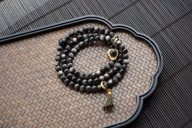 天然银曜石手链多圈搭配925银镶天眼隔珠925银跑环 辟邪保平安 - 手链/手环 - 水晶 