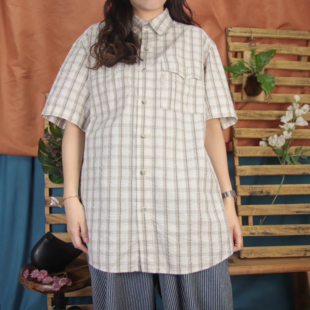 Columbia古着钓鱼衬衫A02 米色 格纹 ,短袖 【Tsubasa.Y 古着屋】 - 女装衬衫 - 其他材质 卡其色