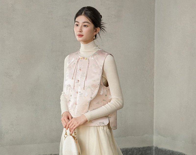 新中式中国风 圆领对襟盘扣背心 - 女装背心 - 其他材质 粉红色