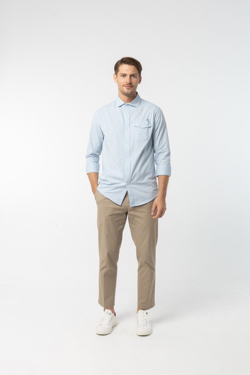 M.Blue 衬衫 : 3/4 袖 (蓝色 : ฟ้า) 长袖衬衫 - 男装衬衫 - 棉．麻 蓝色