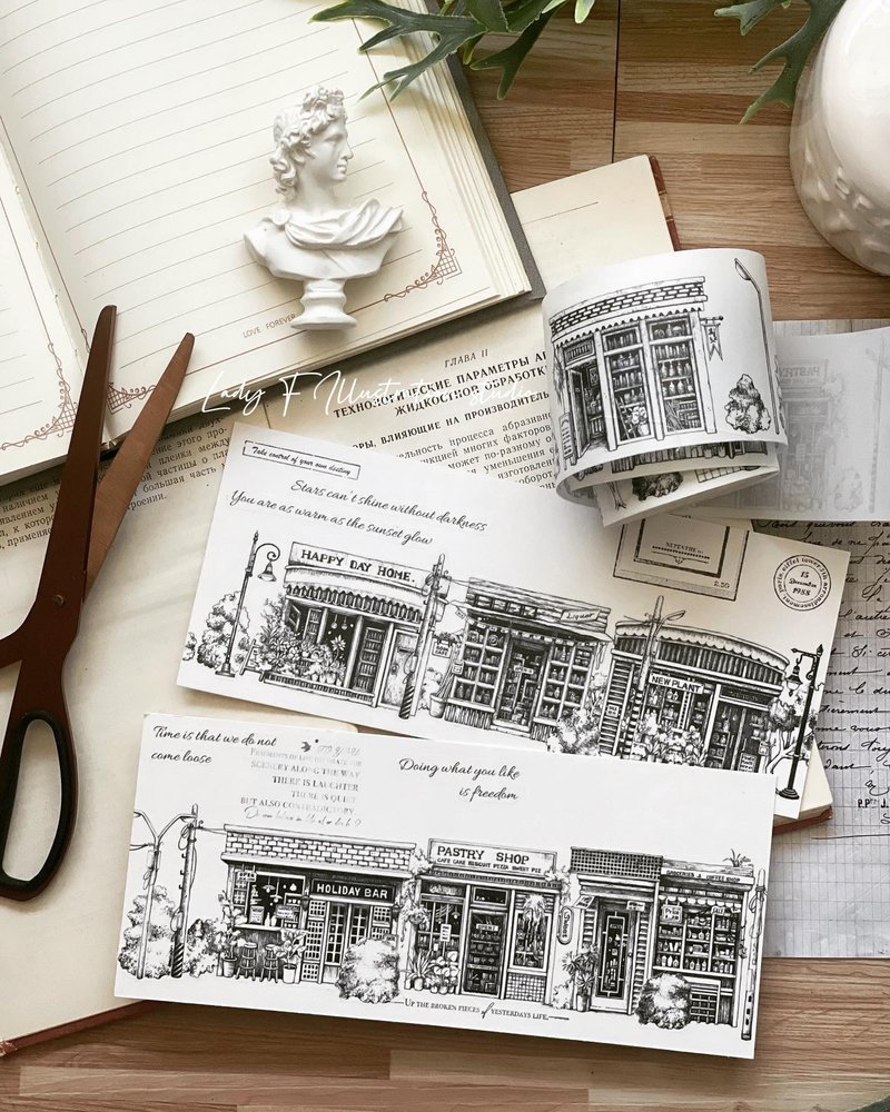 复古商店街纸胶带 - 纸胶带 - 纸 黑色