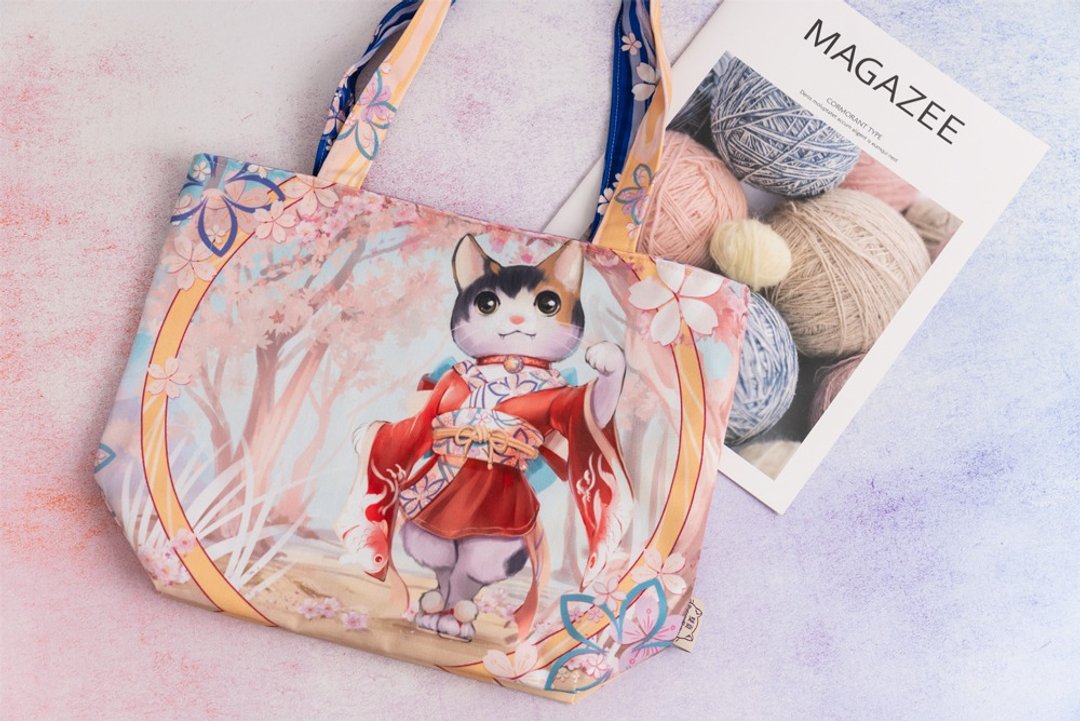 双面托特包系列 - 维京 狸花猫(灰虎斑猫)   樱花 日式 三花猫 - 手提包/手提袋 - 聚酯纤维 