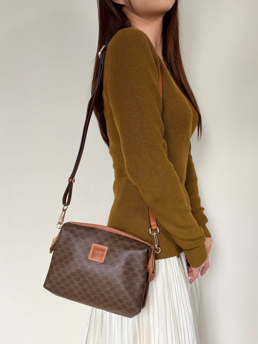 中古正品 Celine 思琳凯旋门 老花 云朵包 腋下包斜背包 男女适用 - 侧背包/斜挎包 - 防水材质 咖啡色