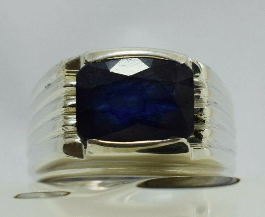 Men's Blue Sapphire Ring Natural Kashmir Sapphire Sterling Silver Handmade Rings - 戒指 - 宝石 蓝色