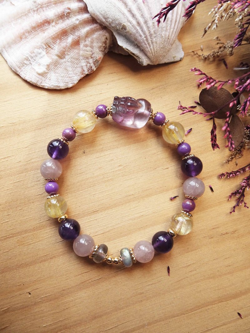 招财小怪兽系列-莹紫貔貅 紫水晶 金发晶 烟紫马粉 紫云母 拉长石 - 手链/手环 - 水晶 紫色