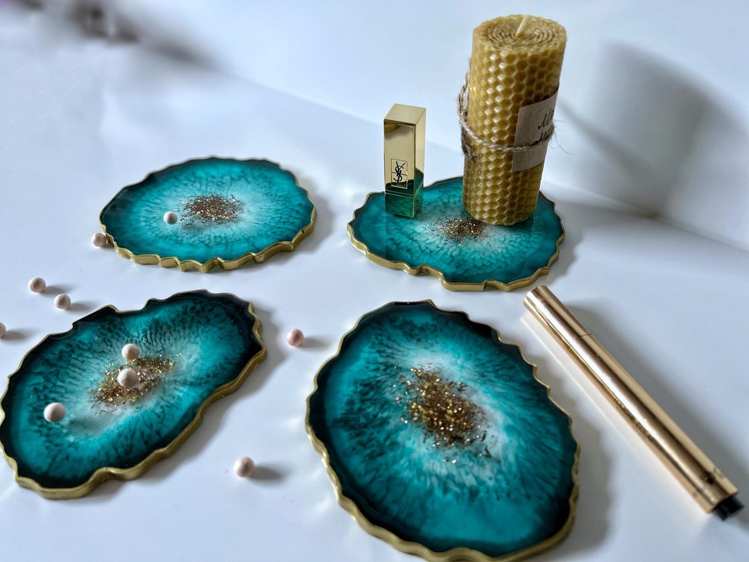 Teal agate coasters set, geode coasters, resin coasters christmas gift, housewar - 杯垫 - 树脂 绿色