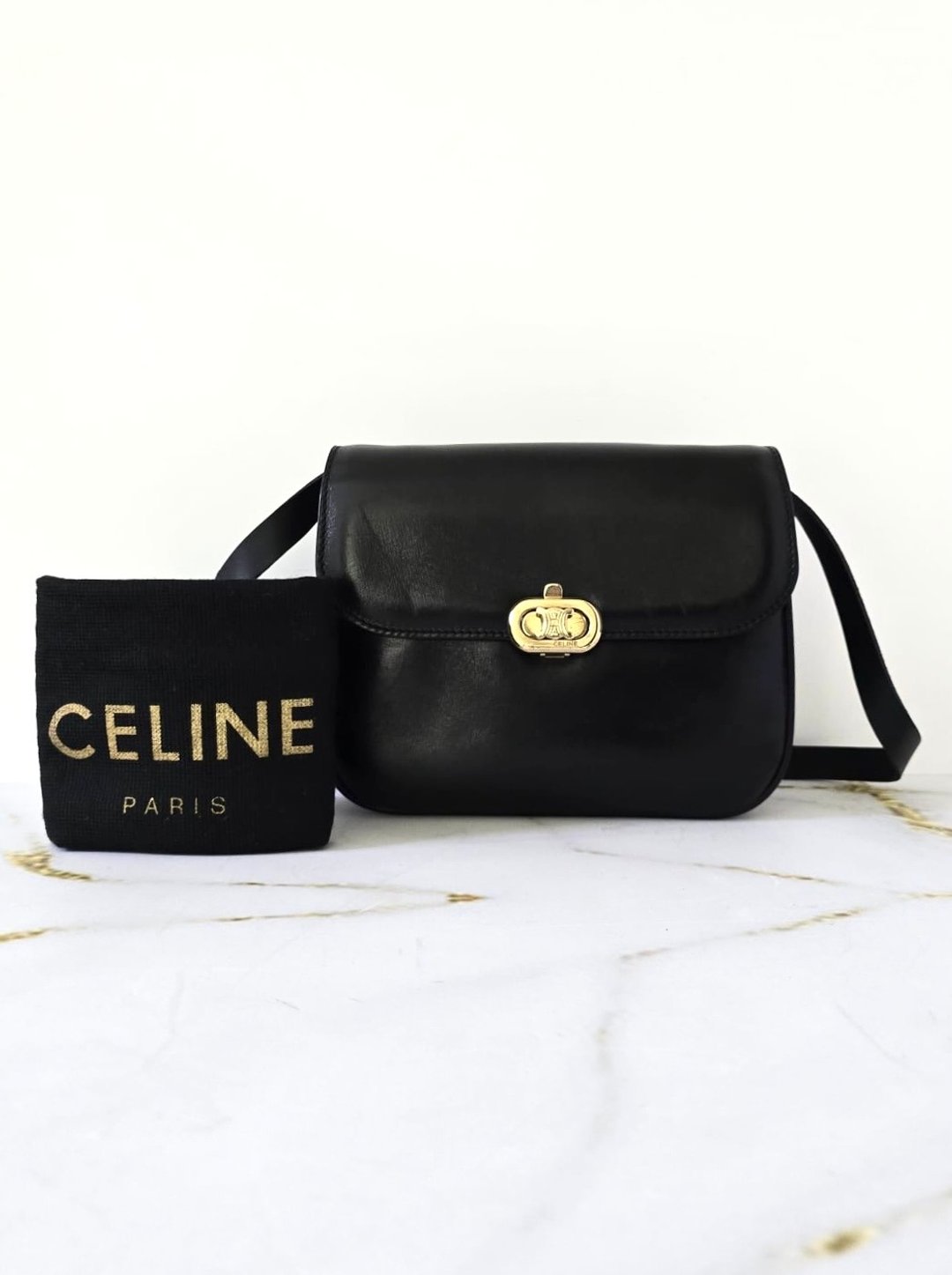稀有中古包 Celine 黑金凯旋门翻盖包 单肩包 侧背包 古董包 二手 - 侧背包/斜挎包 - 真皮 黑色