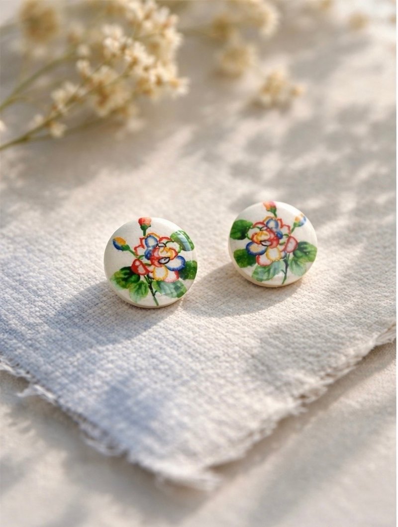 Vali 原创 - 茉莉花原色、蓝染 - 耳环/耳夹 - 不锈钢 