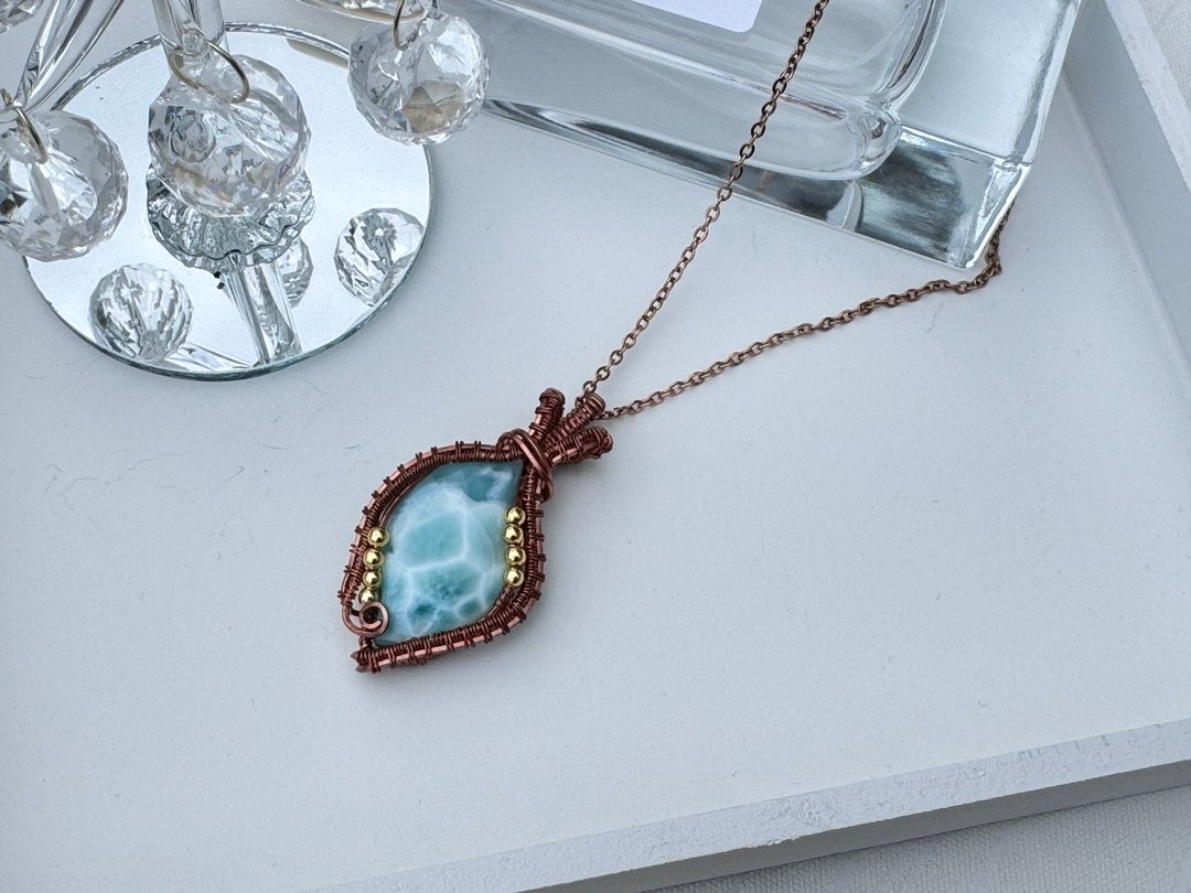 #240605 wire wrapping 海纹石 铜线 绕线 吊堕 - 项链 - 铜/黄铜 蓝色