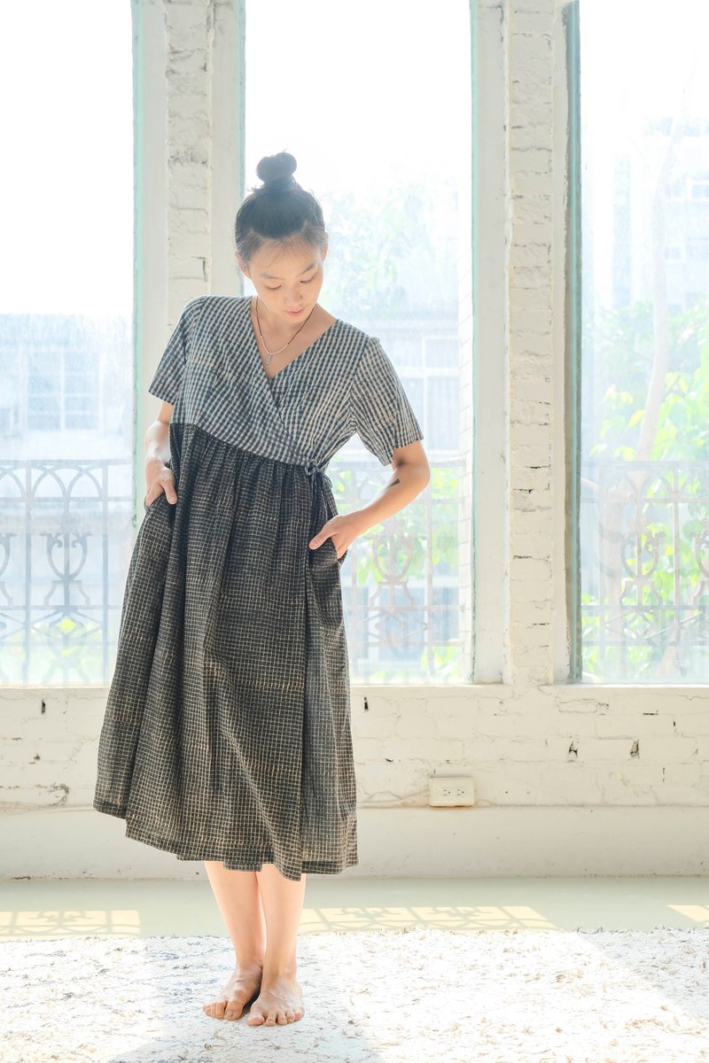 裹身洋装 短袖 B040&045 大格纹x 绿色 格纹 - 洋装/连衣裙 - 棉．麻 