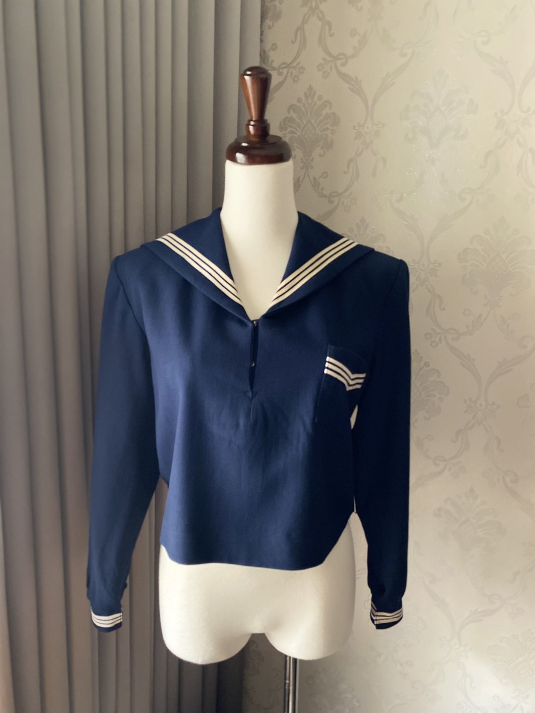 日本制纯羊毛冬季学生三本线口袋水手服古着上衣 - 女装上衣 - 羊毛 蓝色