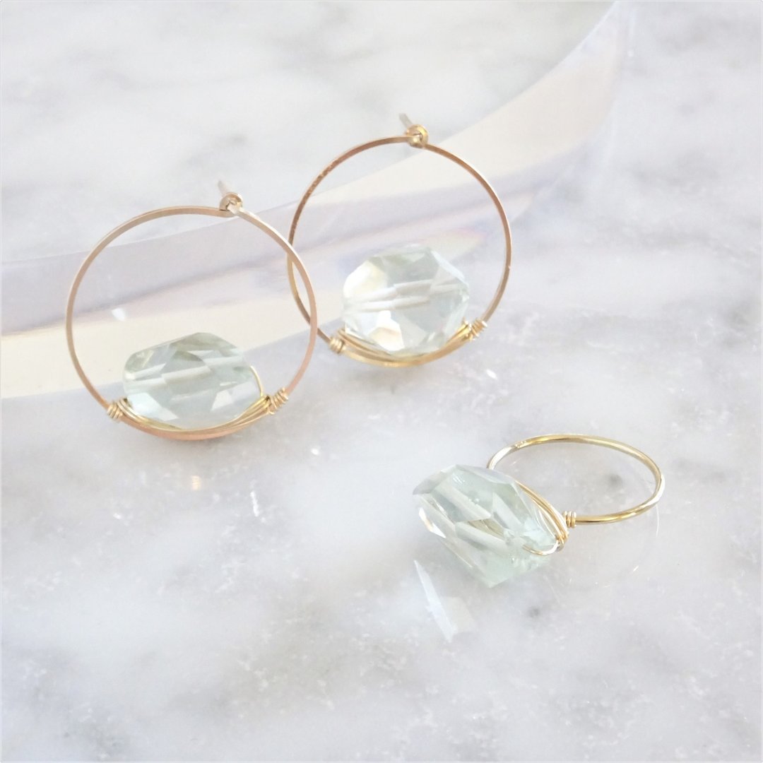 Goody Bag - 14kgf*Amethyst wrapped ring + pierced earring or earring - 耳环/耳夹 - 宝石 绿色