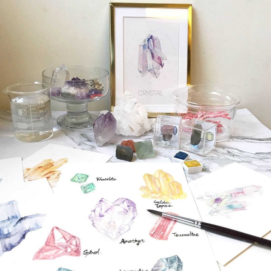 原矿 水晶 水彩画 时尚 手绘课 天然石 水彩 网美 欧式 - 插画/绘画/写字 - 纸 