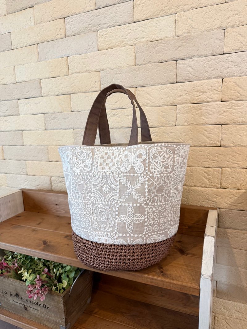 水桶托特包｜mina perhonen forest tile - 手提包/手提袋 - 棉．麻 卡其色