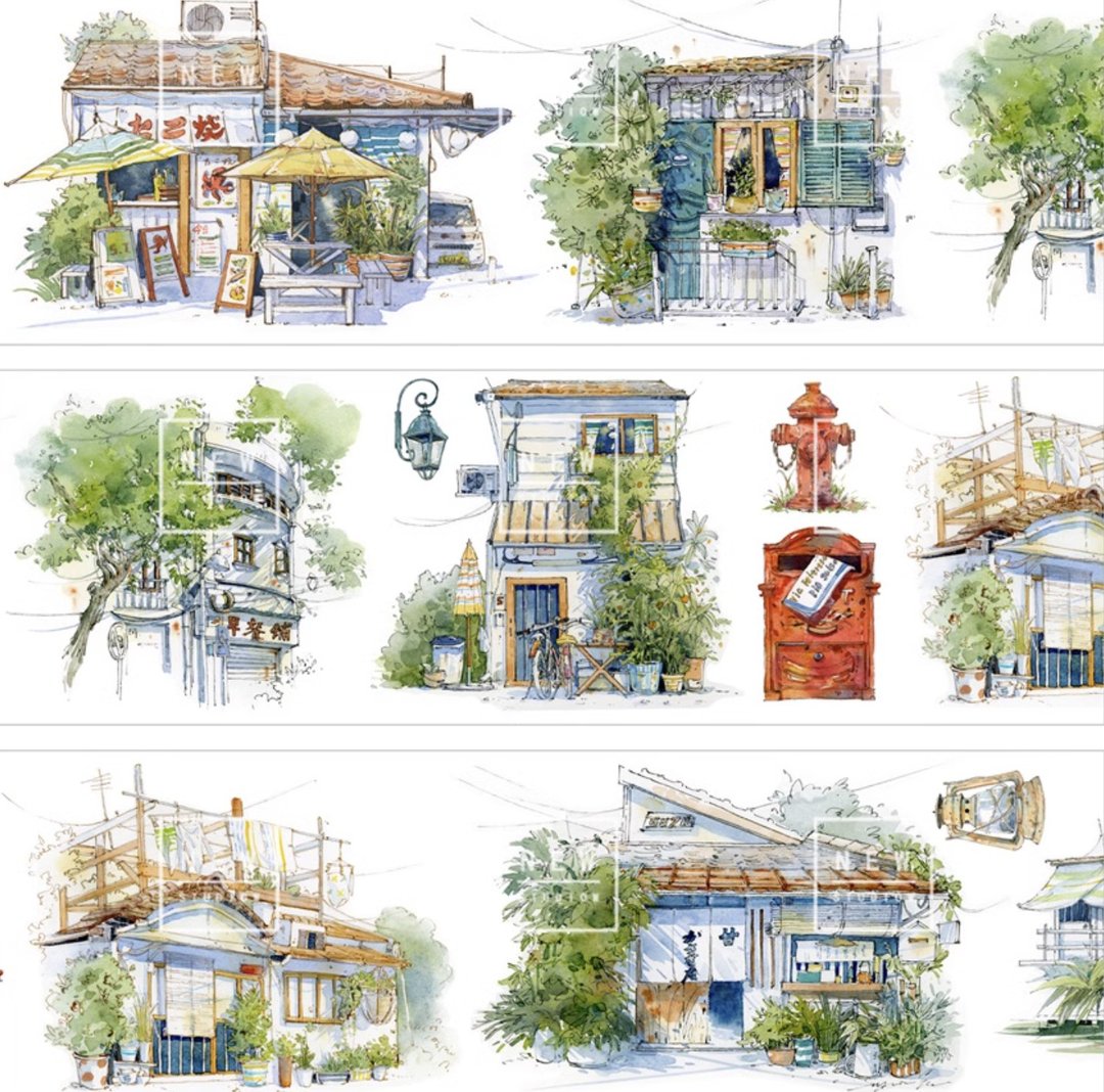 街角小築 日式建築風物 水彩畫 和紙膠帶 台灣製 10米卷 - 纸胶带 - 其他材质 多色