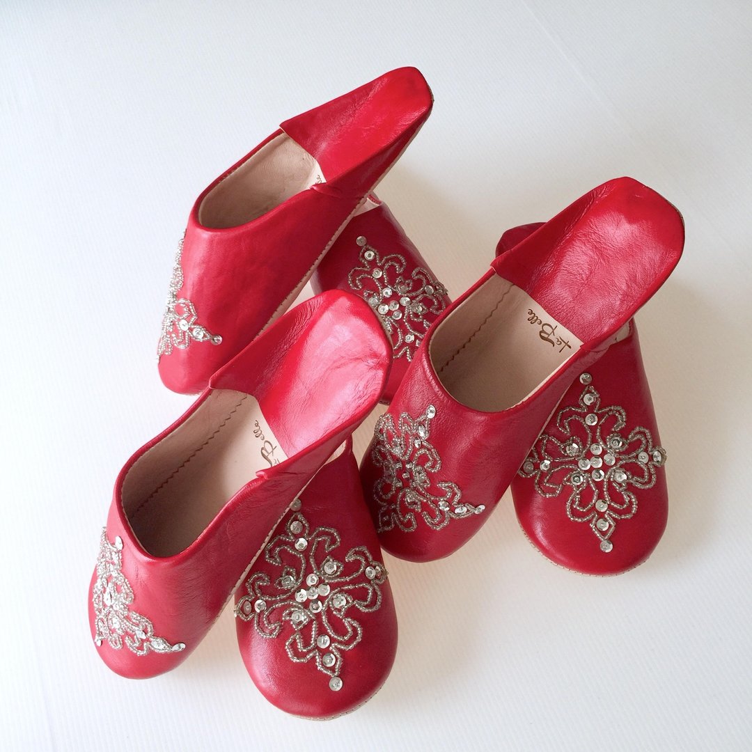 Babouche Genuine Leather slippers / beautiful embroidery baboosh 3 feet set - 其他 - 真皮 红色