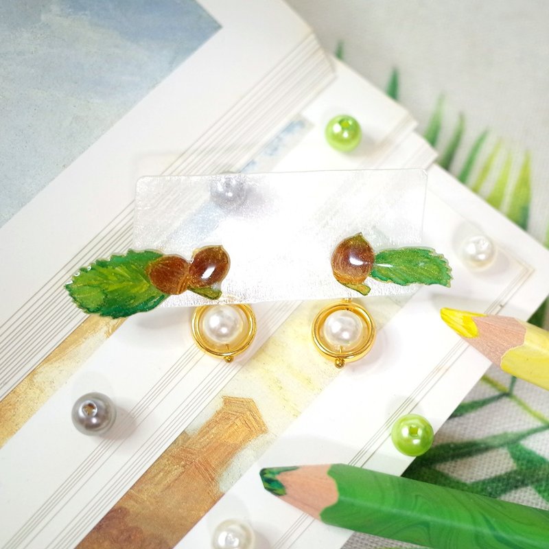 青刚栎 绘画贴耳耳环 耳夹/耳针 - 耳环/耳夹 - 防水材质 咖啡色