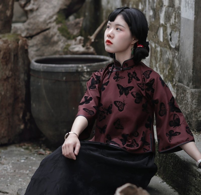 【秘境蝴蝶】民国复古风 植绒倒大袖上衣 - 女装上衣 - 其他材质 红色