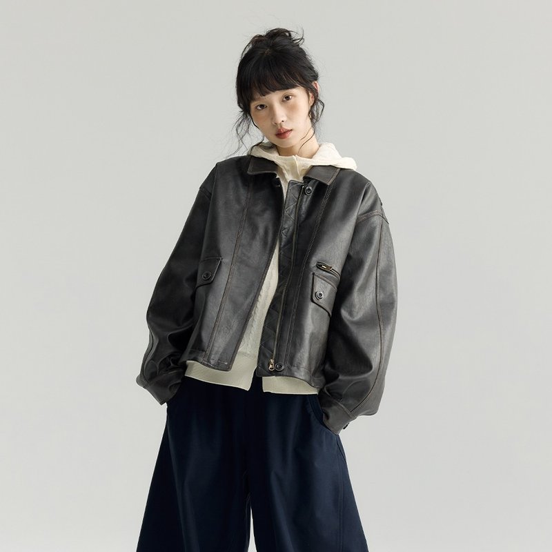 大翻领皮衣夹克|外套|两色|秋款|Sora-1902 - 女装休闲/机能外套 - 其他人造纤维 多色