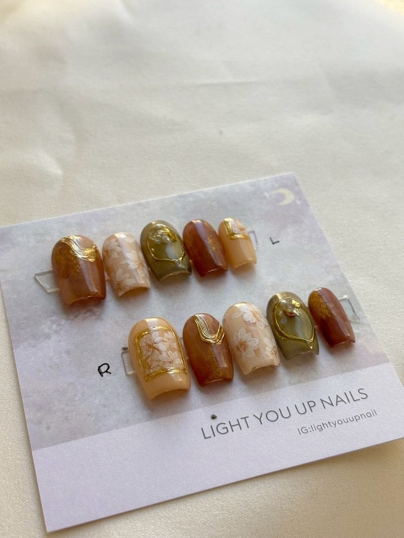 暖茶琥珀花 甲片 /穿戴甲/订制美甲贴片 - 指甲油/指甲贴 - 其他材质 咖啡色