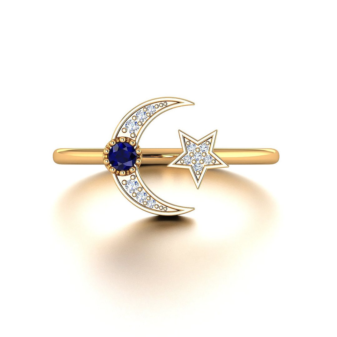 【PurpleMay Jewellery】18K金半月星星蓝宝石钻石戒指 - R034 - 戒指 - 钻石 透明