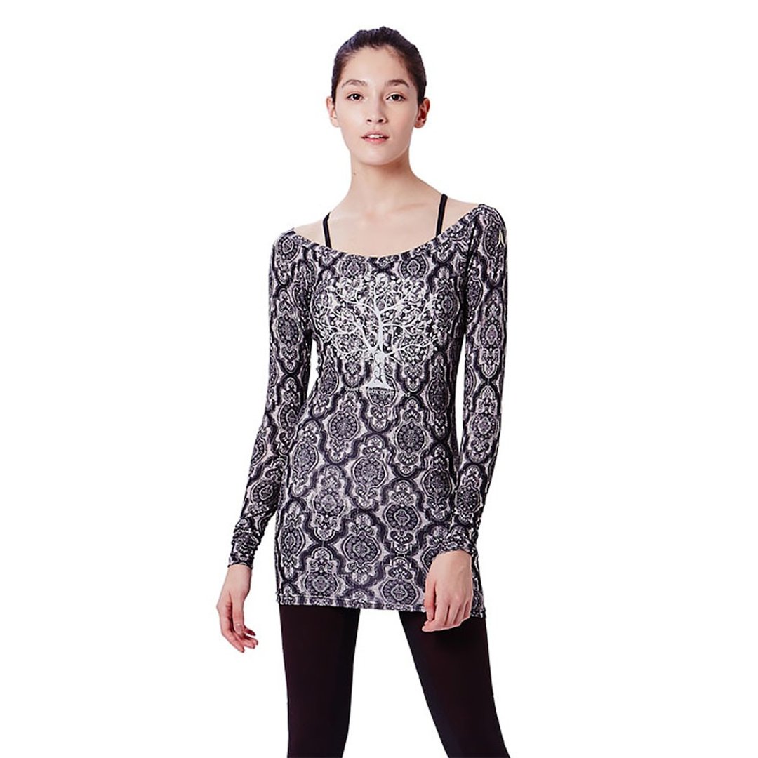 【NAMASTE】一字领长袖Tee - 图腾灰 - 女装瑜珈服 - 棉 灰色