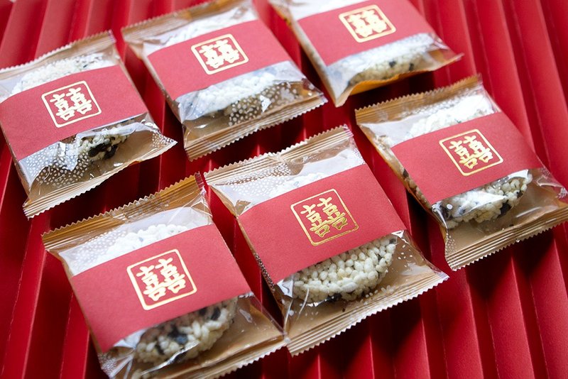 婚礼小物 烫金囍字 -圆型米香X50个 海苔爆米香饼 素食可 摆桌礼 - 零食/点心 - 新鲜食材 红色
