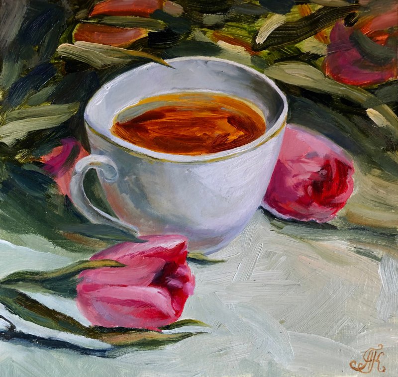 Cup of tea and tulips still life wall art 8x8 inches Original oil painting - 墙贴/壁贴 - 纸 多色