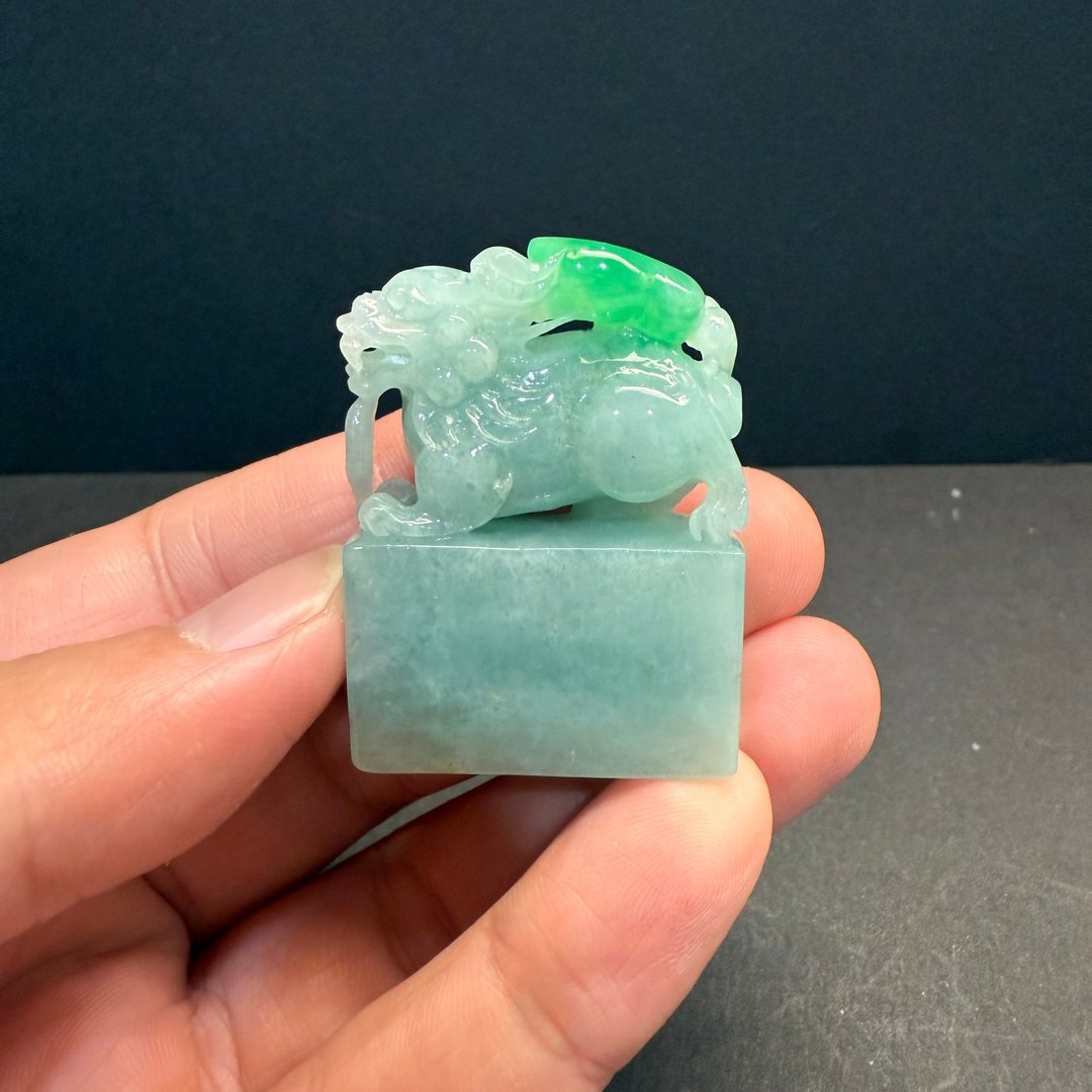 瀚玉珠宝 天然翡翠印章 白底青貔貅印 缅甸玉印章 - 其他 - 玉石 