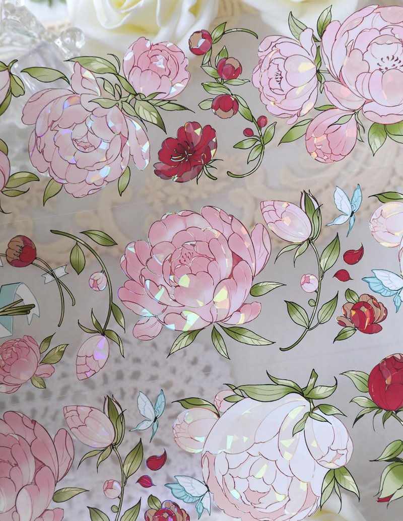 闭月羞花 粉色薔薇集 PET 紙膠帶 鐳射銀 貝殼光 10米卷 - 纸胶带 - 其他材质 粉红色